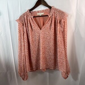 loft top Peach And White W/Abstract Geometric Pattern Ruffled Collar Lightweight